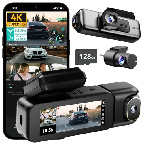 BOTSLAB 3 Channel 4K Dash Cam Front and Rear Inside, Triple Car Dash Cam with Voice Control, 3.18 inches Touch Screen, Loop Recording, 24/7 Parking Mode, Included 128GB Memory Card