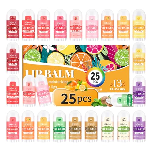 Mini Lip Balm 25 Pack Natural Lip Balms with Vitamin E and Coconut Oil. Moisturizes for Dry Lips Perfect for Christmas Gifts Party Favors Gift Bags and Small Gifts-13 Flavors