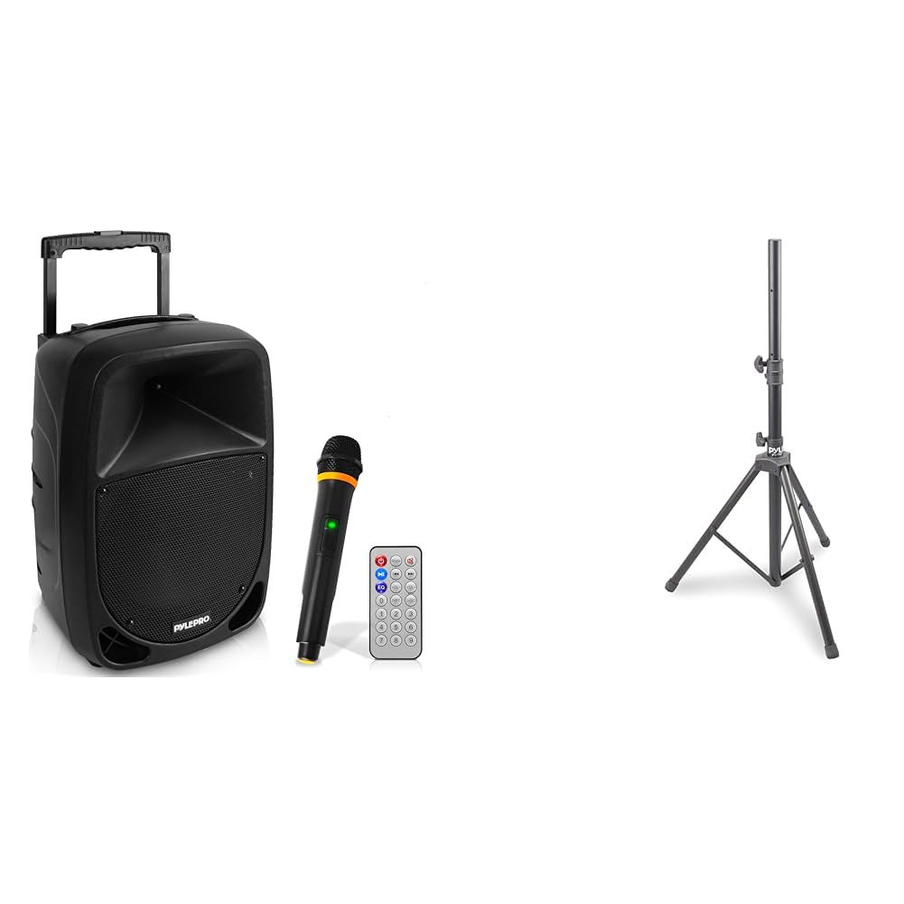 Pyle 1000W Portable Bluetooth PA Speaker - 10'' Karaoke Speaker System & Universal Speaker Stand - Mount Holder Heavy Duty Rubber Capped Tripod