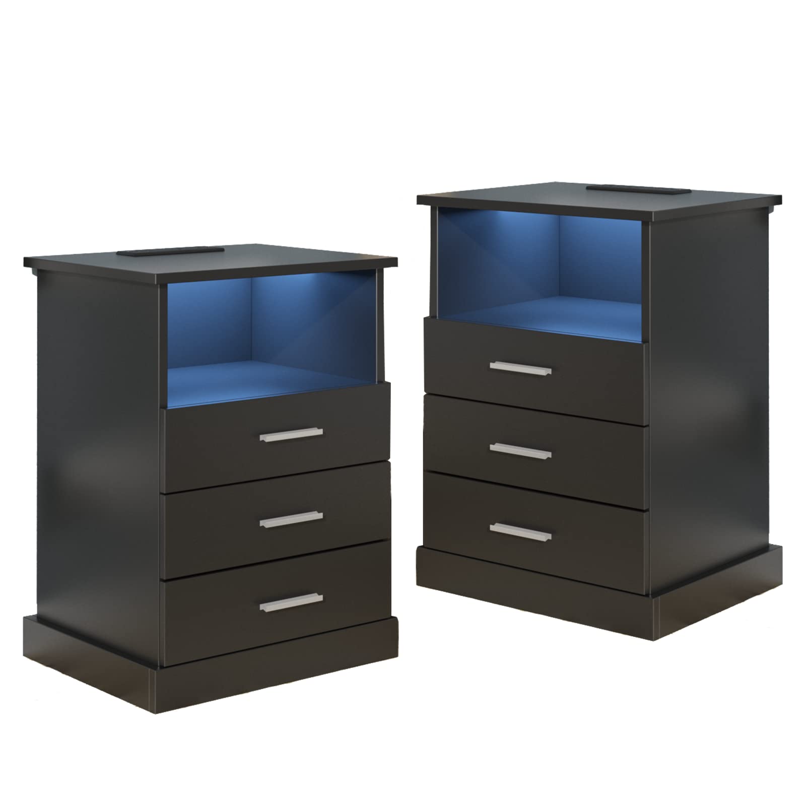 Black LED Nightstand with Charging Station, Side Table with 3 Drawers and Light, End Table with Open Storage, Beside Cabinet for Bedroom (Black 2 Set)