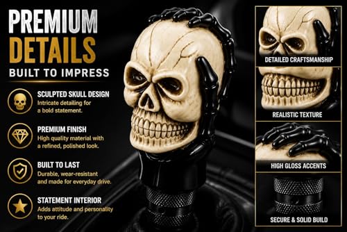 Image of SUKICHI Skull Design Car Gear Knob | Universal Manual Gear Shift Knob for Cars | Skull Shifter Stick | Premium Interior Styling Accessory | Includes Adapters (Skull, Black & Ivory)