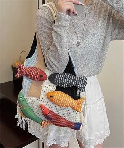 Fish Decoration Tote Bag for Women Knitted Shoulder Bag for Women Underarm Purse Hobo Handbag Travel Tote Satchels 20254