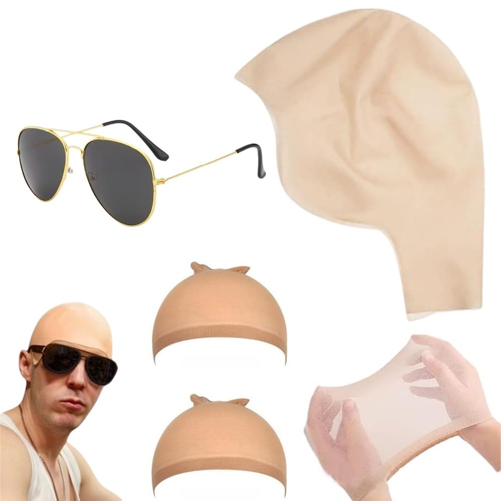SDXCJY Premium Latex Bald Cap Set including 2 Elastic Fit Mesh Wig Liner and Sunglasses,Realistic Skin-Color Bald Head Cover Ideal for Cosplay Halloween