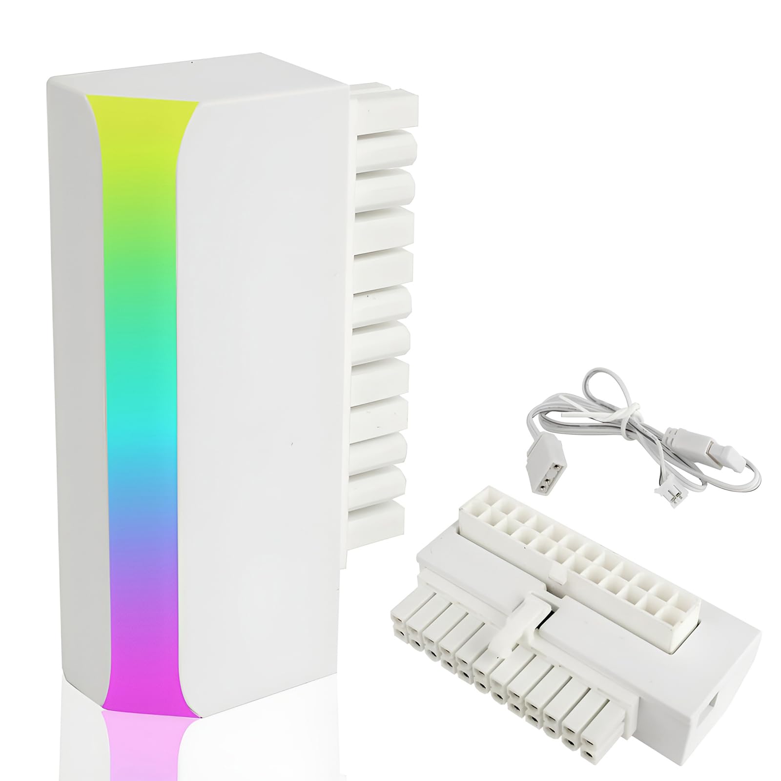 ATX 24-pin 90 Degree Power Connector Adapter 5V 3 Pin ARGB Rainbow Female to Male Power Adapter for Computer Motherboard ATX Power Supply- White
