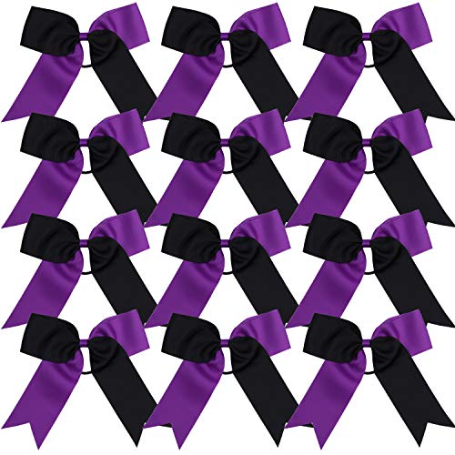 Cheerleading Bow Jumbo Cheer Bows 12 Pcs 7 Inch Ponytail Holder Cheerleader Bows Hair Tie(Black/Purple)