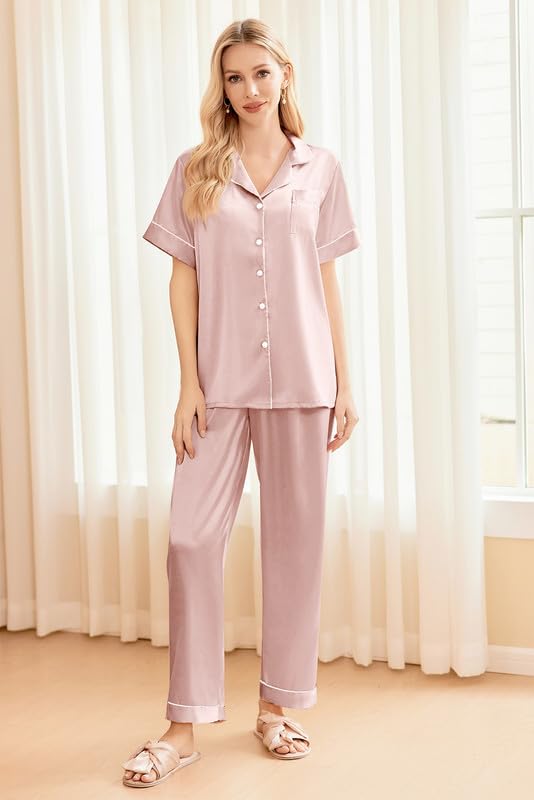 Image of Ekouaer Silk Pajamas for Women Set Satin Soft Short Sleeve Button Down Pjs | 3 Piece Loungewear,Comfy Sleepwear,Silky Smooth Fabric,Gift for wedding,Bridal Party,Coffee Time,Vacation
