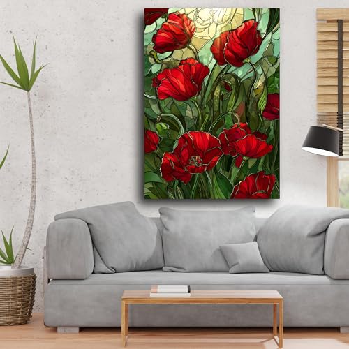 Toile fleurs rouges peinture artistique sur toile effet vitrail décoration haut de gamme