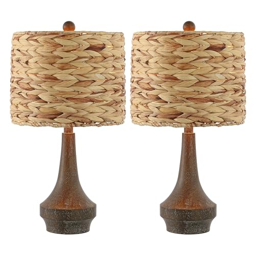 JONATHAN Y 21 Brown Wood Finish Resin Gourd Table Lamp Set of 2, Rustic Farmhouse Handwoven Water Hyacinth Shade, Southwestern Bedside Lamp for Bedroom, LED Bulbs Included JYL4051A-SET2