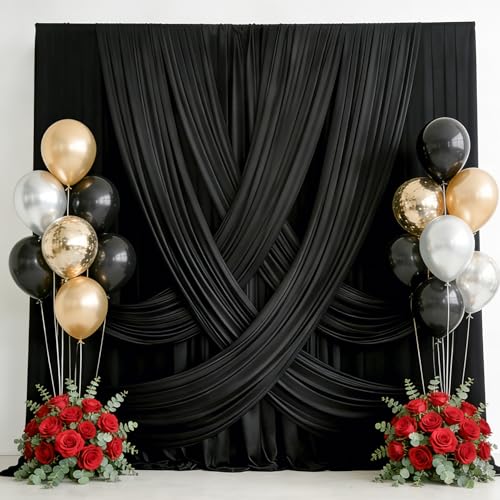 Image of 10x12ft Black Backdrop Curtain for Wedding Parties, Wrinkle Free 2 Panels 12 ft Long Silky Polyester Photo Backdrop Drapes Back Drop Cloth Drapery for Birthday Graduation Photography Background