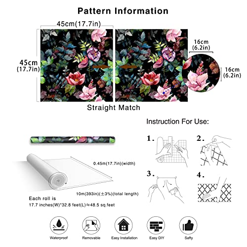 Haokhome 93153 Wild Spring Peel And Stick Wallpaper Bouquet Botanical Floral Black/Green/Pink Removable Stick On Home Decor 17.7In X 32.8Ft #TOP6