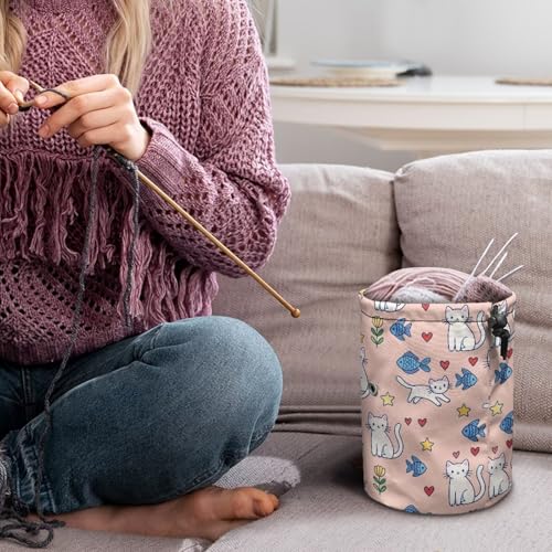 Image of Sellikakes Yarn Bag Crochet Storage Case, Cat Fish Knitting Crochet Storage Bag Portable Yarn Organzier Holder for Store Crocheting Project Skein Ball Sewing Needles Accessories