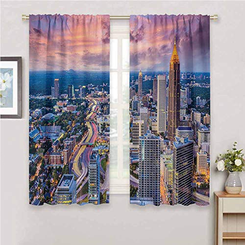 GUUVOR Modern Premium Blackout Curtains Atlanta City Skyline at Sunset with Hazy Light Georgia Town American View Kindergarten Noise Reduction Curtains W42 x L63 Inch Baby Pink Blue Silver