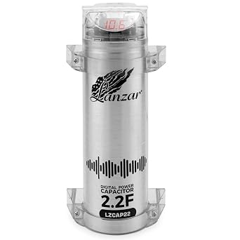 Lanzar 2.2 Farad Digital Power Capacitor, High-Performance Car Audio Accessory with Blue Digital Display Voltage Readout and LED Flash, Over Voltage Protection, Mounting Hardware, DC 12-24V