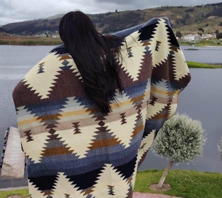 Image of Alpaca Wool Blanket, Throw Size 78 x 47, Reversible 2 in 1, Thick and Ultra Soft, Hypoallergenic, Non-Itchy, Handmade in Ecuador. Premium Alpaca Wool Thtow Blanket for Cozy Comfort. (Blue and Brown)