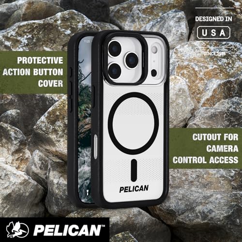 Image of Pelican Protector iPhone 17 Pro Max Case with Camera Stand - Clear | Compatible with MagSafe Rugged Phone Case w /16ft Military-Grade Drop Protection -Heavy Duty Phone Cover for iPhone 17 Pro Max