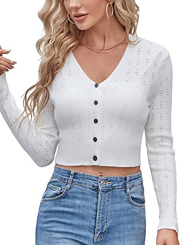 Zaful Women's Shrugs For Dresses Long Sleeve Knit Cardigan Cropped Bolero Button Down Shurg Sweaters White S #TOP8