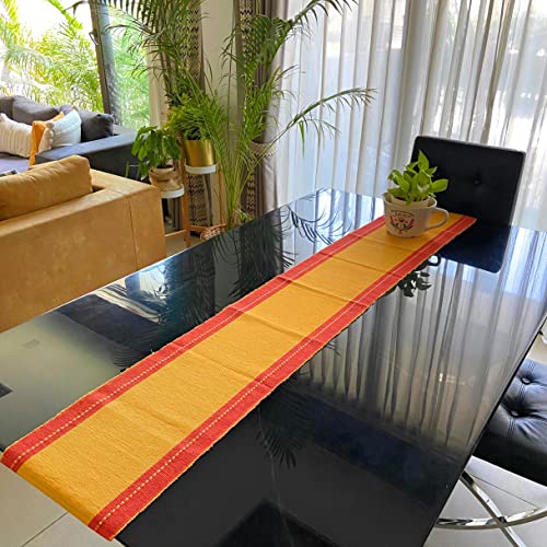 Image of Rangbhar Handloom Ribbed Cotton Table Runner for Living /Dining Room /Home Decor, Anti Skid, Reversible, Machine Washable, 12 X 72 inches, Striped, Red Mustard