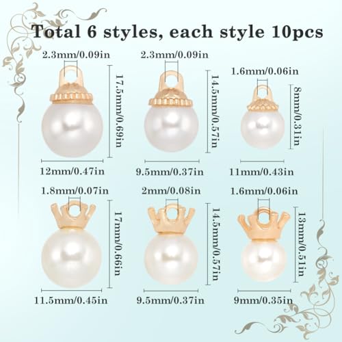SUNNYCLUE 1 BOX 60Pcs White Imitation Pearls Charm Pearl Bail Charms Faux Round Alloy Plastic Small Crown Beads Pendants Charms for jewellery Making Charms Bracelet Earring Crafting Beginners Adults - Image 2