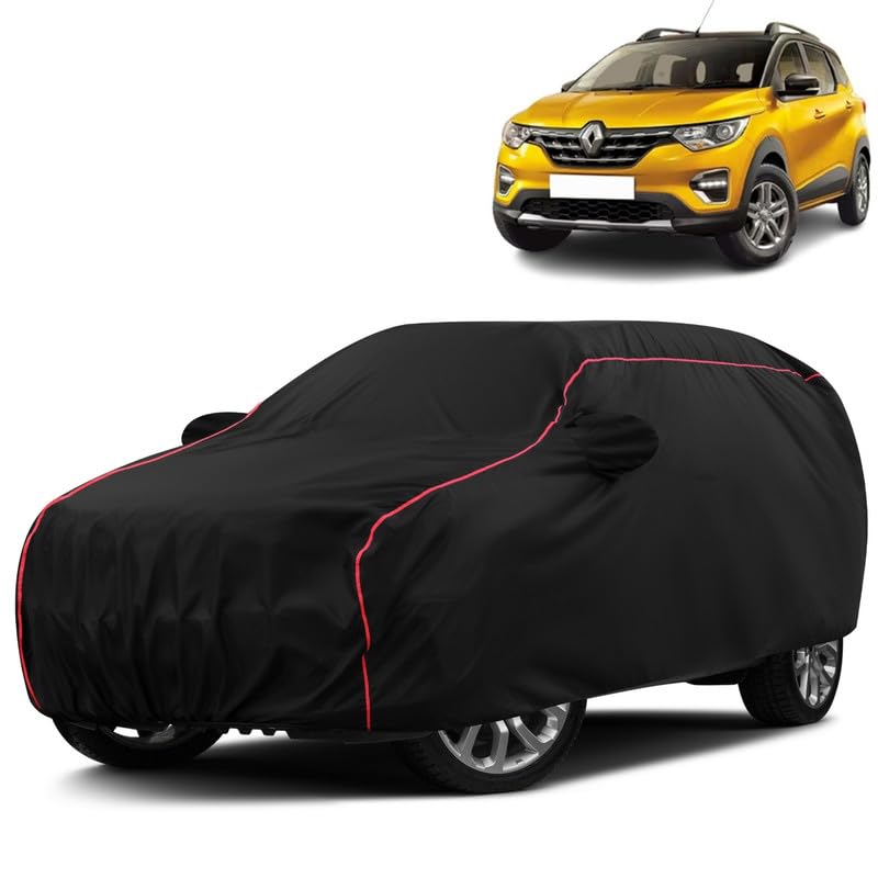 VOICO Water-Resistant Dustproof Car Cover for Renault Triber - Mirror Pocket, UV Protection, Scratch Guard, Buckle Belt, Front & Back Bottom Elastic with Red Piping - Black-image-40