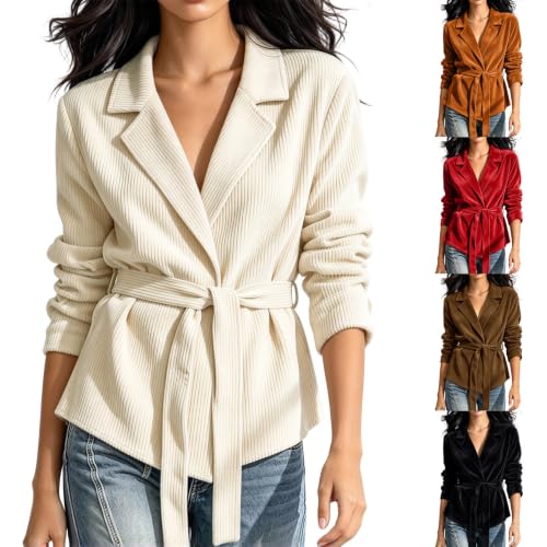 Womens Corduroy Jacket Casual Belted Long Sleeve Lapel Collar Dressy Coat - image 1