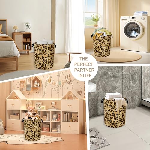Image of Brow Leopard Laundry Basket,Black Bow Clothes Hamper,Oxford Cloth Collapsible Nursery Hamper Storage Organization for Bedroom,Bathroom,Office,College Dorms,16x20 Inch