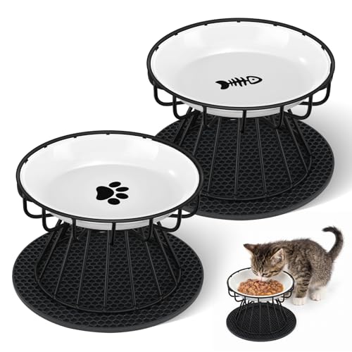 DESPOINA Conjunto de 2 porta-moedas gato elevado, porta-moedas elevado gato de cerâmica, prato de gato plano com suporte e tapete antiderrapante, tigela para gatos alivia fadiga dos bigodes, preto