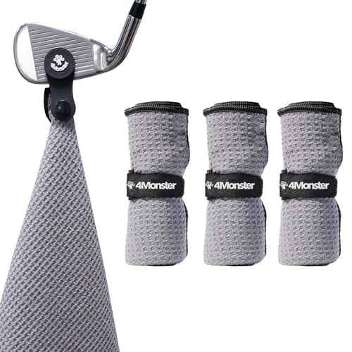 4Monster Golf Towels 3-Pack With Detachable Magnet And Portable Pouch, Quick-Dry Microfiber Golf Towel Set For Golf Bags,Custom Towel Gifts For Men Or Women (3, Grey)