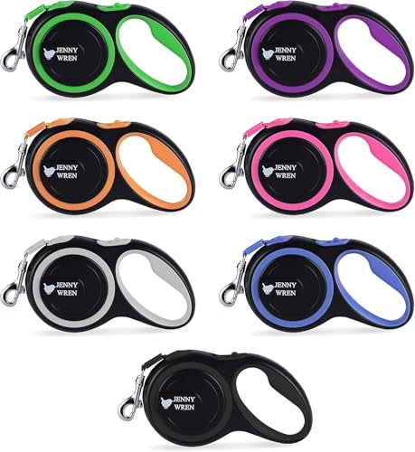 Jenny Wren Tangle-Free, Retractable Dog Lead with Anti-Slip Handle; 8M / 26FT Reflective Strong Nylon Tape/Ribbon; One-Handed Brake, Pause, Lock Purple