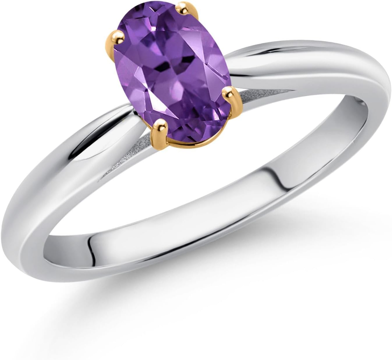 Gem Stone King 10K White and Yellow Gold Purple Amethyst Solitaire Engagement Ring For Women (0.75 Cttw, Oval 7X5MM, Gemstone February Birthstone) - Image 2