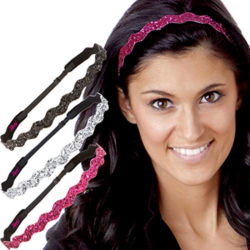 Hipsy Women's Adjustable Non Slip Wave Bling Glitter Headband Silver Duo Pack (Black/Silver/Hot Pink)