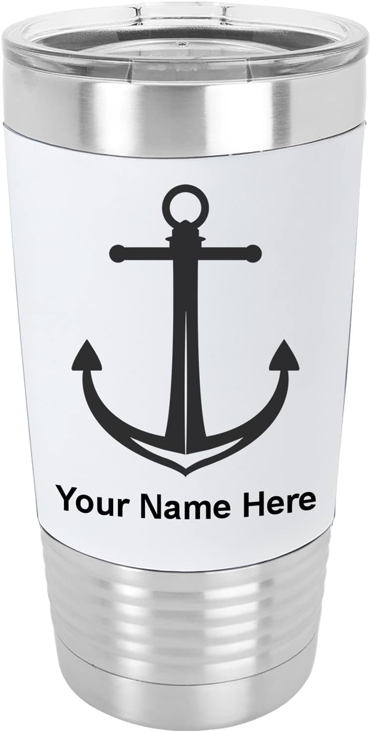 LaserGram 20oz Vacuum Insulated Tumbler Mug, Boat Anchor, Personalized Engraving Included (Silicone Grip, White)