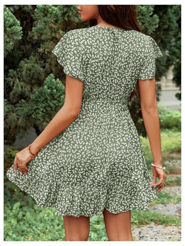 Floerns Women's Floral Cap Sleeve Boho Dress V Neck Ruffle Hem Belt Vacation A Line Dresses3