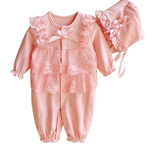 Bekleidung Longra Neugeborenes Baby Jungen Mädchen Mütze Hut + Spitze Strampler Overall Bodysuit Kleidung Set Outfit(0-9 Monate) (50CM 1-2Monate, Pink)