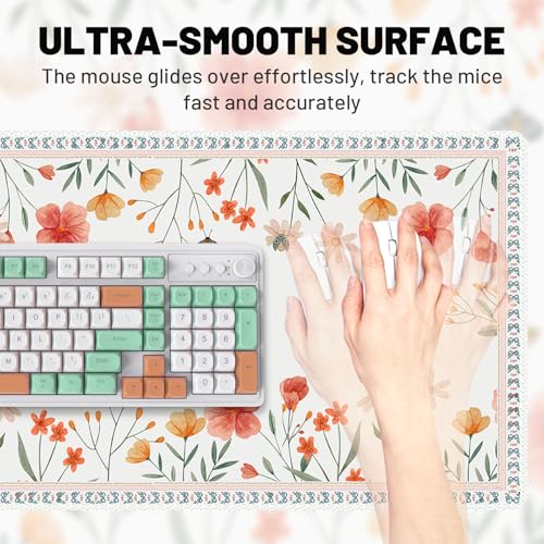 AIMSA Desk Mat for Keyboard and Mouse, Cute Desk Matt for Desktop, White Non-Slip Large Mouse Pad, Keyboard Mat with Stitched Edge, Floral Desk Pad Mat for Office Home — view 2