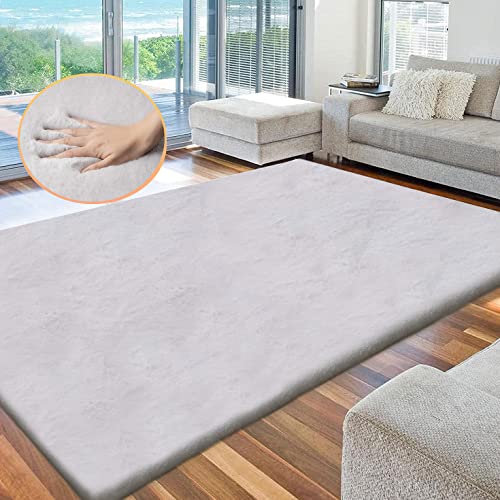 Faux Fur Rug 6x9 Plush Washable Area Rugs for Bedroom Fluffy Rabbit Fur Rug for Living Room Light Grey Rugs Teen Room Home Decor Rectangle