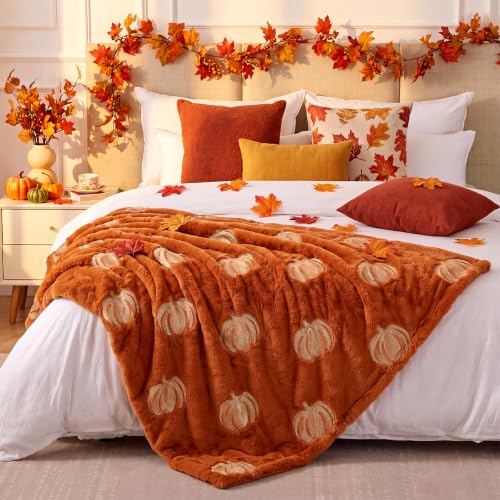 Tegeme Fall Throw Blanket Pumpkin Autumn Throw Blanket 50" x 60" Autumn Thanksgiving Dutch Velvet Faux Rabbit Fur Decorations Cozy Soft Lightweight Gift for Home Living Room Sofa Bed(Light Orange) - Image 2