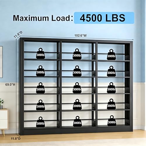 Image of Heavy Duty Metal Bookshelf, 5-Tier Industrial Bookcase with Adjustable Shelves, Large Storage Bookshelf for Living Room, Office, Library, 69 inch H x 102.6 inch W, Black
