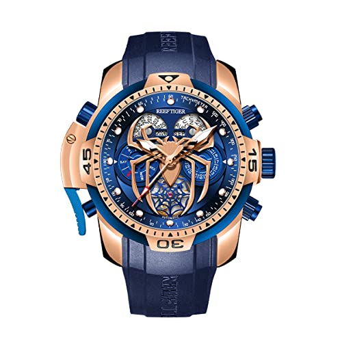 REEF TIGER Fashion Style Sport Automatik Uhr Spinne Zifferblatt mit Kompliziertem Jahr Monat Ewiger Kalender Mechanische Gummi Uhren RGA3532SP (RGA3532SP-PLRL)