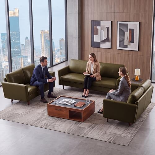 Image of Kingfun Faux Leather 3 Seat Couch Set for Living Room, Mid Century Modern Sofa with Rolled Arms and Deep Seats, Fluffy Comfort for Apartment, Easy to Assemble, Olive Green Sofa and 2 Loveseat
