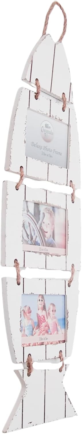 Wowser Distressed White Fish Triple Frame, Nautical Wall Decor, 3.5"x5" Frames