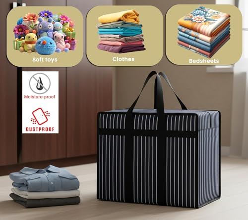 Image of Match Made 4PK Extra Large Heavy Duty Canvas Storage Organizer Bag with Zip | Multipurpose Jhola Thaila with Strong Handles & Base for Home Storage, Travel, Laundry & Wardrobe - Black