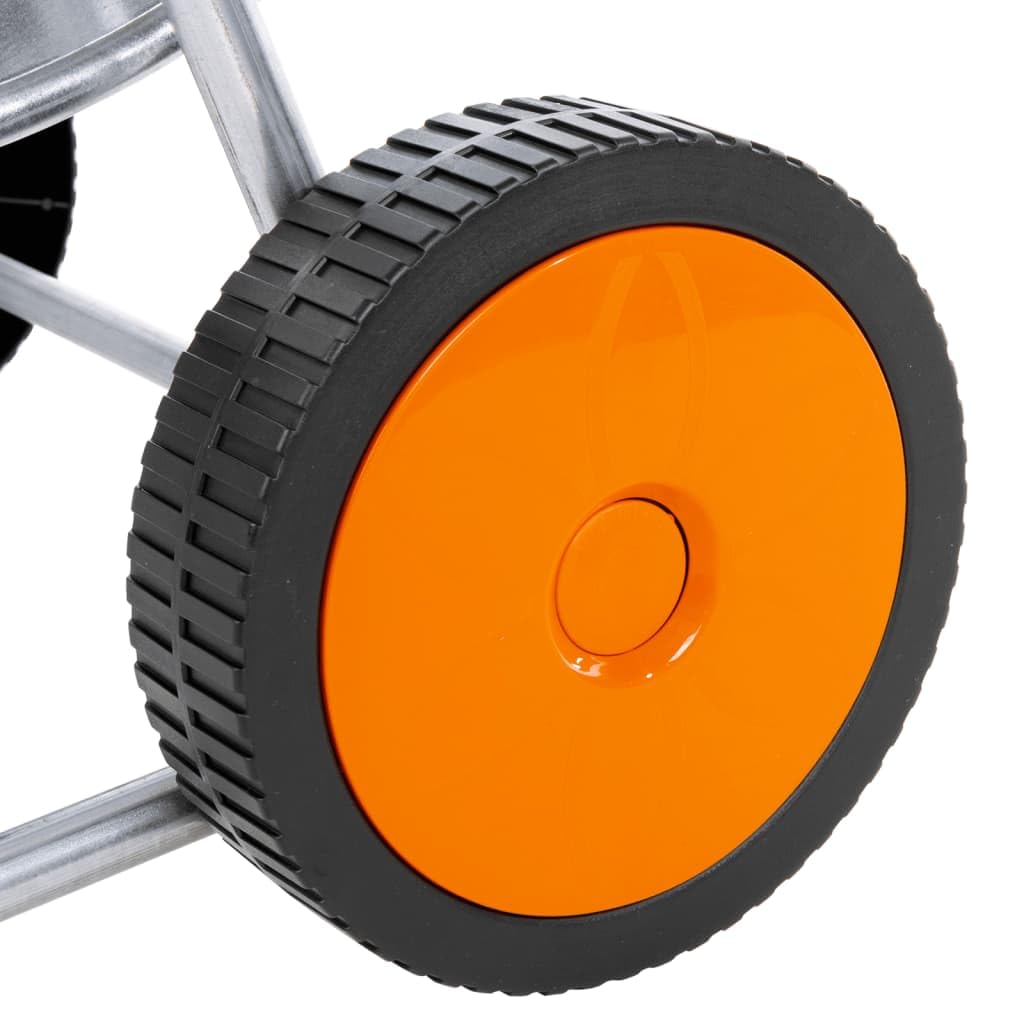 Stahl Schlauchwagen für 110 m 1/2" oder 80 m 3/4" Schlauch, verzinkte Konstruktion mit Rädern und abgewinkeltem Anschluss für knickfreie Handhabung