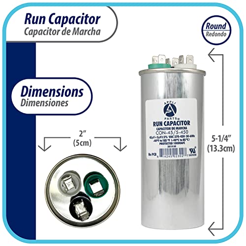 Appli Parts Dual Run Capacitor for ac 45+5 Mfd uF (microfarads) 370VAC or 450VAC CBB65 Round Universal fit for hvac and other applications 5-1/4 in High 2 in Wide CON-45/5-450 - Thumbnail 2