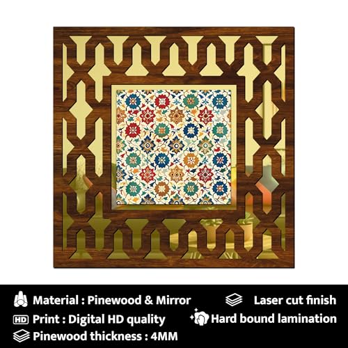 Image of Wooden Pattern Mirror Wall Decor Panel for Home Decor Living Room Bed Room Office (AD8, 12X12 Inches, Set of 2)