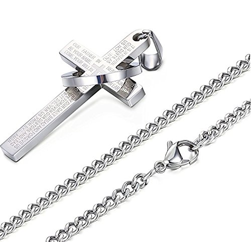 Fervent Easter | Christmas | Men's Necklace - Cross Chain [Lord's Prayer] Cross & Ring Halo - Stainless Steel - Gift for Him3