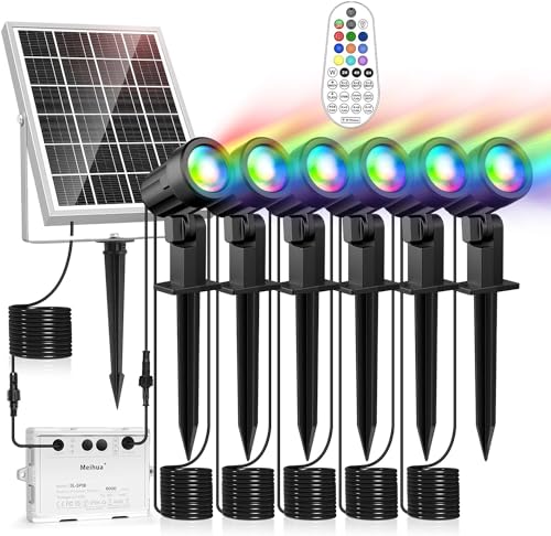 MEIHUA Solar Spot Lights RGB 6 in 1 with Remote Control 10 Colors 12 Modes Solar Spotlights Outdoor IP66 Waterproof Landscape Lights with Timer Memory Funtion for Halloween Christmas Garden Yard Road