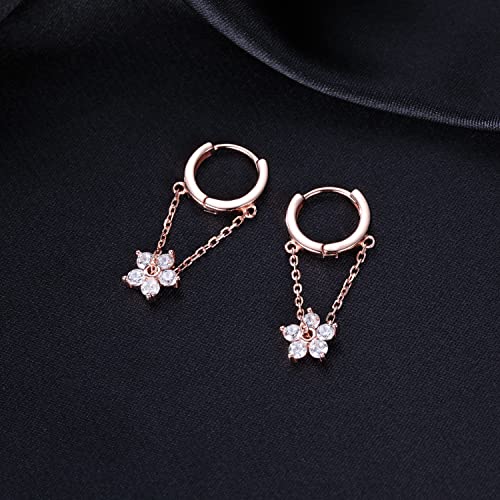 Reffeer 925 Sterling Silver Flower Chain Drop Earrings Hoop For Women Teen Girls Huggie Hoop Dangle Earrings Chain (C-Rose) #TOP4