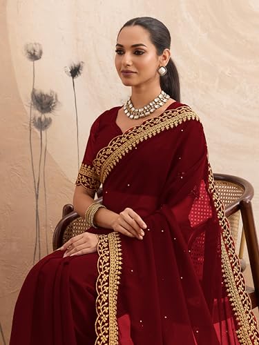 Image of Women's Georgette Embroidery Border Beads work Saree with Blouse Piece