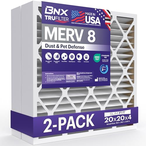 Image of BNX TruFilter 20x20x4 (19.5'' x 19.5'' x 3.63'' Slim Fit) MERV 8 Air Filter 2-Pack - MADE IN USA - Air Conditioner Furnace Filters HVAC AC Furnace Filters for Dust, Pet, Mold, Pollen MPR 600-700 FPR 5