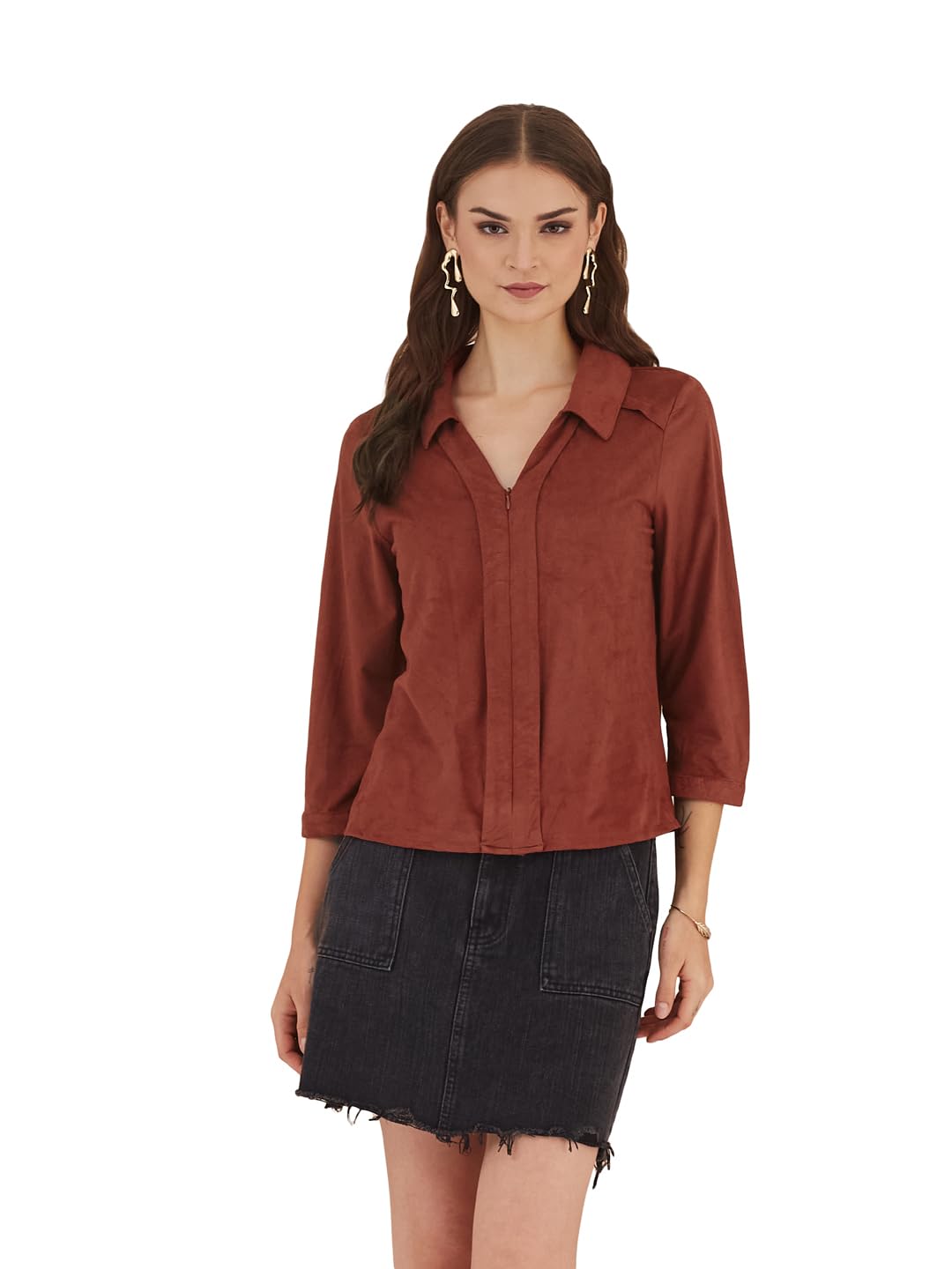 latin quarters Women Rust 3/4Th Sleeves V-Neck Solid Shirt for Casual-picture-11